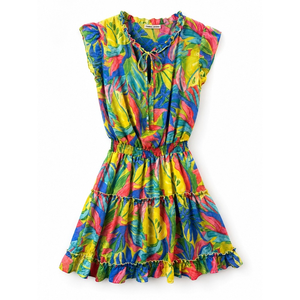 Kylie Paige Womens Tropical Leaf Print Smocked Waist Ruffle Mini Dress Colorful